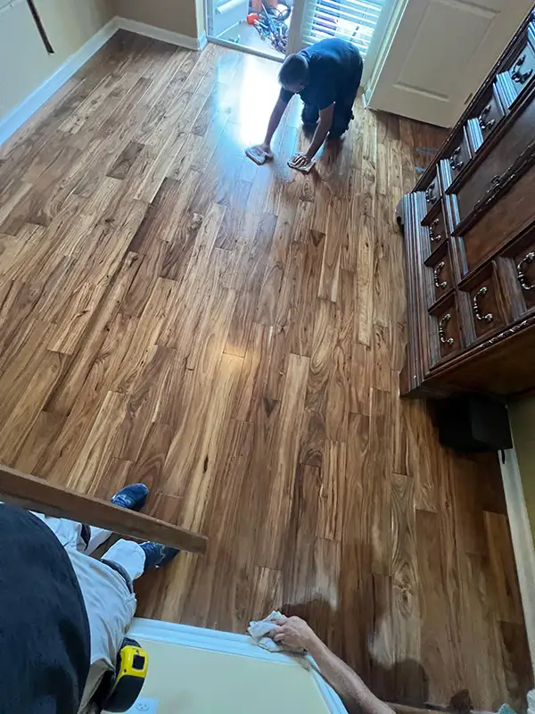 Wood floor installation in progress